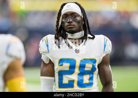 Houston, TX, USA. 26th Dec, 2021. Los Angeles Chargers cornerback Davontae Harris (28) prior to an NFL football game between the Los Angeles Chargers and the Houston Texans at NRG Stadium in Houston, TX. The Texans won the game 41 to 29.Trask Smith/CSM/Alamy Live News Stock Photo