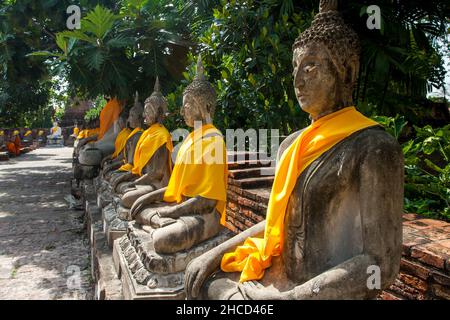 Aligned Sitting Buddha Statues at Wat Yai Chaimongkol in Ayutthaya, the 13 century historic capital of Kingdom of Siam, Thailand Stock Photo