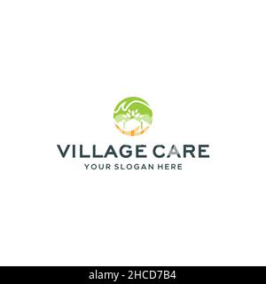 Modern VILLAGE CARE Leaf Building Hand Logo design Stock Vector