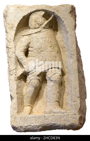 Roman tombstone of gladiator, isolated on white Stock Photo