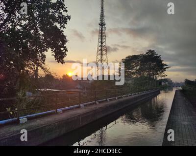 the beautiful morning atmosphere on the river is suitable for wallpapers and stories of morning activities Stock Photo