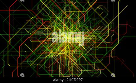 Abstract technological pipeline movement on black screen background. Yellow, green, and red lines change directions and bend around one point. Stock Photo