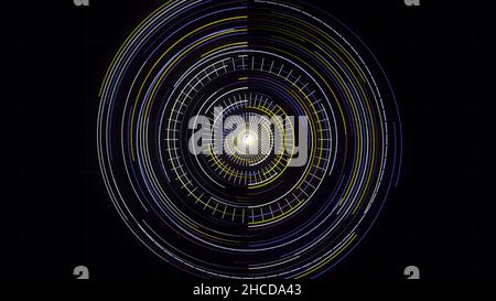 Futuristic radar rotation, activated searching program. Abstract hypnotic circles moving and blinking on black background, seamless loop. Stock Photo
