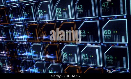 Close up of an abstract circuit board with colorful microchips, seamless loop. Technology and digital concept, view inside of electronic device. Stock Photo