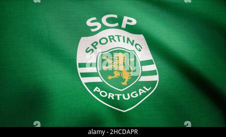 Sporting Portugal flag is waving. Waving flag with Sporting Portugal football club logo. Editorial footage. Stock Photo