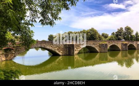 Buriano bridge over the River Arno near Arezzo Tuscany Italy