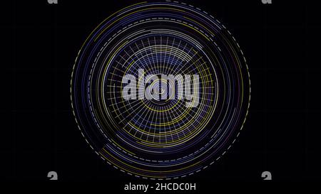 Futuristic radar rotation, activated searching program. Abstract hypnotic circles moving and blinking on black background, seamless loop. Stock Photo
