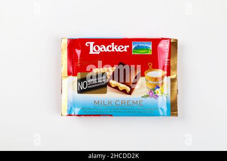 May 4, 2021. New York. Loacker chocolate bar with milk cream filling on white isolated background. Stock Photo