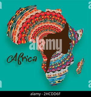 Concept of African woman, face profile silhouette with turban in the shape of a map of Africa. Colorful Afro print tribal logo design template. Vector Stock Vector