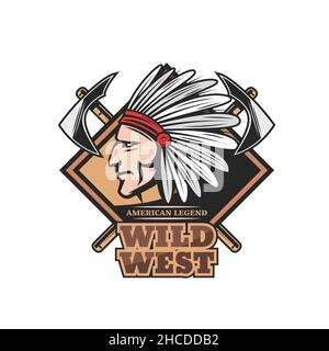 Indian brave chief Wild West vector character. Native American tribe leader with war bone feather headdress, crossed tomahawk and hatchet. Isolated sy Stock Vector