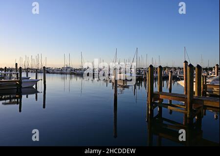 Boats and docks of Dinner Key Marina in Coconut Grove, Miami, Florida at first light. Stock Photo