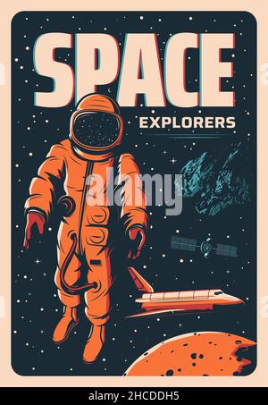 Space adventure, spaceship astronaut and planets in galaxy sky, vector  retro poster. Space exploration, spaceman in spacesuit and spacecraft on  orbita Stock Vector Image & Art - Alamy