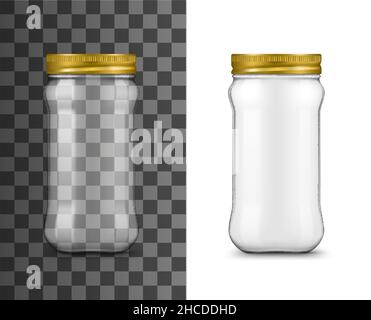 Glass jar, realistic packaging with lid, vector empty isolated on transparent background. Glass jar with screw cap, jam or pickled food glass containe Stock Vector