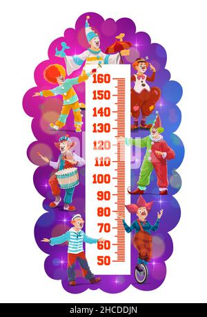 Kids height chart with shapito circus cartoon clowns, vector growth meter. Baby measure scale or height ruler with funfair carnival clowns, jesters an Stock Vector
