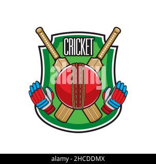 Cricket game icon with crossed bats, ball and gloves over green field shield. Vector symbol for championship match, professional sport league, club te Stock Vector