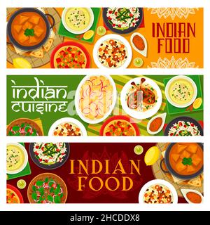 Indian cuisine vector banners chicken cream soup, legs with almond nuts and lamb rice biryani. Cheese in sauce paneer, zucchini rice and vegetable len Stock Vector