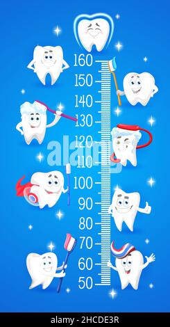 Cartoon teeth characters with toothbrush. Kids height chart, growth meter. Vector wall sticker for children height measurement with funny healthy spar Stock Vector