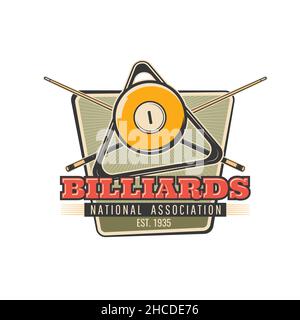 Billiards icon, snooker or pool sport game club vector symbol. Billiards national association championship and poolroom game sign with 8 eight balls, Stock Vector