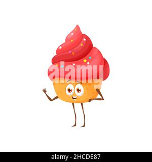 Muffin cake isolated cupcake cute cartoon character. Vector funny cake with whipped cream, pastry food baked cake bun, bakery dough product treat dess Stock Vector
