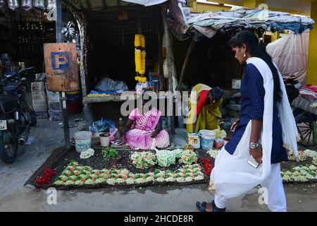 The colorful market on the main street in Kuppam, Andhra Pradesh, India. Stock Photo