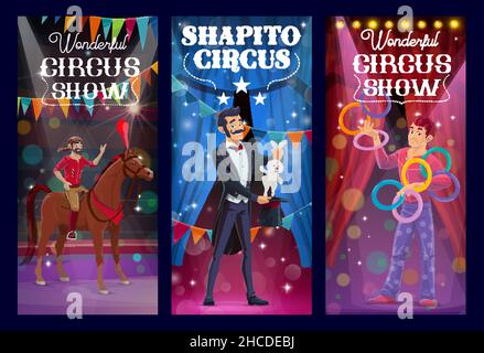 Shapito circus magician, acrobat and juggler performers vector banners. Big top artists illusionist perform stunt with rabbit in hat, horseman riding Stock Vector