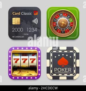 Online payment, poker chip, fortune wheel and slot machine icons, vector mobile app buttons. Online casino and banking or NFC pay or digital wallet ap Stock Vector