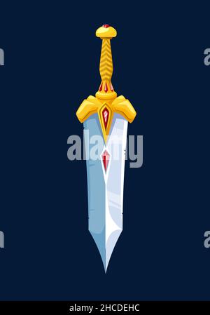 Sharp metal dagger with a golden hilt is pointing upwards on a brown ...
