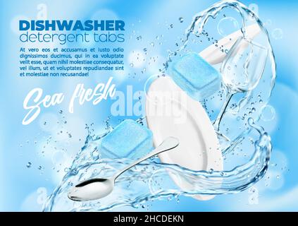 Dishwasher sea breeze detergent tablets. Plate and wineglass in water splash and drops. Vector ad poster with clean dishes, glass and spoon with blue Stock Vector