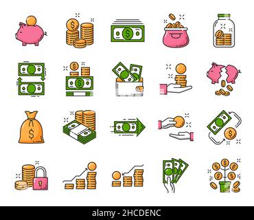 Money, finances and savings line icons. Currencies exchange, payment and investment, wealth growth and stock market decline outline vector icons set w Stock Vector