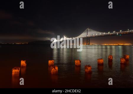 Bay Bridge seen from Rincon Park in San Francisco, California, USA Stock Photo
