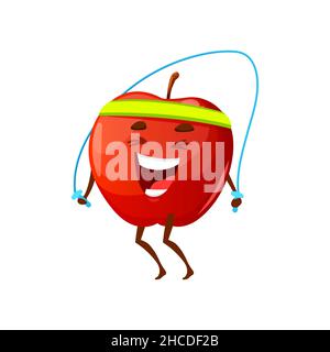 Cartoon apple jumping on rope with band on head isolated happy character sportive fruit workout. Vector summer fruit hobby sport activity, healthy app Stock Vector