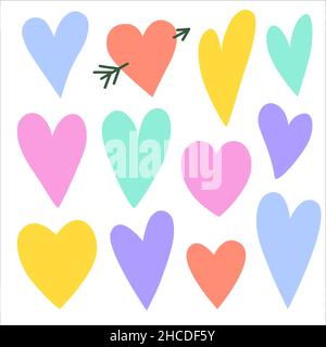 Set of simple freehand pastel doodle heart shapes. Hand drawn vector design elements.  Stock Vector