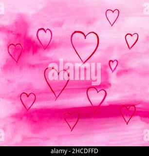 Watercolor pink gradient background with hearts Stock Photo