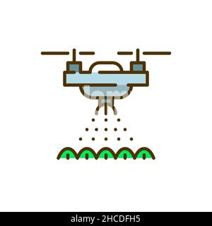 Drone sprinkling water over crops. Modern smart farming automated technology. Pixel perfect, editable stroke colorful icon Stock Vector