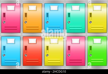 Steel locker cabinet with colored compartments for storage room, school, office or gym. Vector realistic illustration of metal boxes with keyholes and blank labels on doors Stock Vector