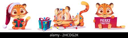 Christmas set with funny baby tiger character in red Santa Claus hat, with gift box and greeting banner. Vector cartoon illustration of cute kitten sneaks near present with bow and garland Stock Vector