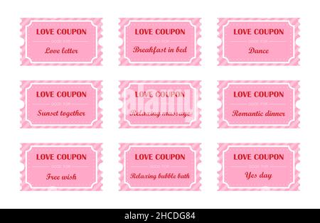 Coupon book for Valentines day. Love night tickets. Best gift for boyfriend. Present for couples. Vector cards templates in cartoon style Stock Vector