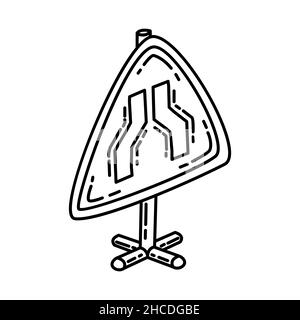 Road Narrows Part of Warning Road Signs Hand Drawn Icon Set Vector. Stock Vector