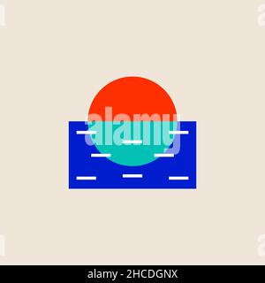 Sun and sea minimal geometric simple logo. Sun and waves, travel icon. Spa resort concept. Unique logotype. Tropical landscape Stock Vector