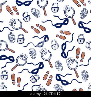 Detective seamless pattern. Hand drawn sketch doodle style crime background. Footprint, fingerprint, magnifier detective investigation pattern. Vector illustration. Stock Vector
