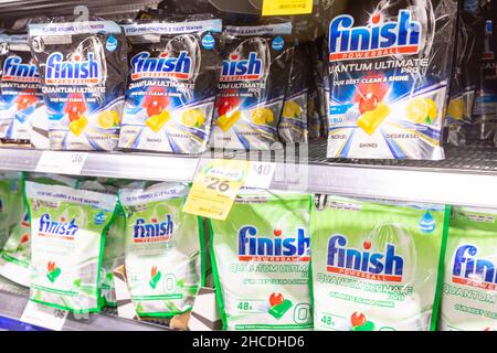 Finish Powerball Quantum Power Gel dishwasher tablet in soap compartment of  dishwasher Stock Photo - Alamy