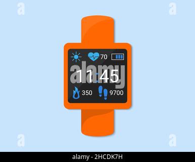 Smart watch closeup isolated. Fitness bracelet, smartband showing time, indicators of pulse, steps and calories on display. Vector flat illustration. Stock Vector