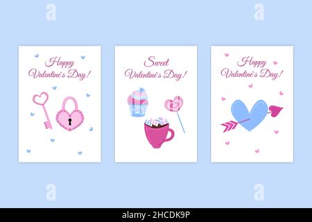 Valentines day romantic greeting cards. Vector collection of holiday postcards. Sweet desserts, cute heart with arrow and lock with key. Valentines se Stock Vector
