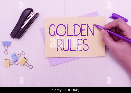 Sign displaying Golden Rules. Business approach Basic principle that should be followed Important Principle Flashy School Office Supplies, Teaching Stock Photo