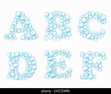 Alphabet of soap bubbles. Water suds letters a, b, c, d, e, f. Realistic vector font isolated on white background Stock Vector