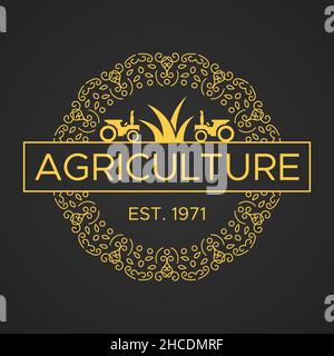 Vintage Agriculture Logo. Golden color.Retro Style luxury logo.Circle shape. Stock Vector