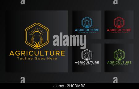 Vintage Agriculture Logo. Blue, red, green, white and golden color.Retro style luxury logo. Stock Vector