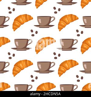Seamless pattern with croissants, cups, saucers and coffee beans. Cute print with pastries and drinks for cafe and restaurant menus, textiles, paper and design. Vector flat illustration Stock Vector