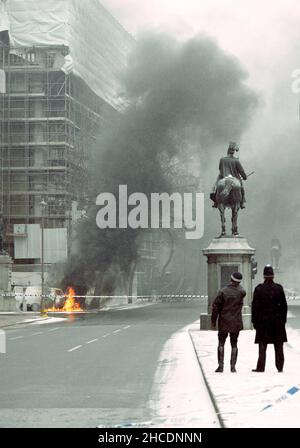 File photo dated 07/02/91 of a white van burning outside the Banqueting House in Whitehall after an attempted mortar bomb attack on Downing Street. John Major told Albert Reynolds that he was unsure if IRA could be militarily defeated and warned British were not suffering from battle fatigue, according to newly released documents from the National Archives. Issue date: Tuesday December 28, 2021. Stock Photo