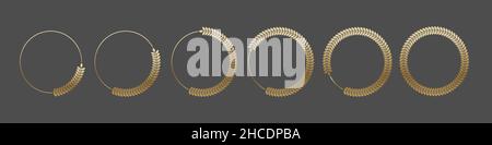 Golden laurel wreath round frame set. Gold rings with leaves, circle award logo or emblem vector illustration. Roman circular badge for anniversary, w Stock Vector